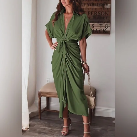 NEW Women Elegant Satin Button Down Short Sleeve Maxi Shirt Dress with Belt - Picture 2 of 9